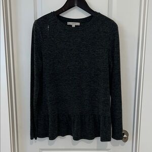 LOFT Charcoal Long Sleeve Top w/ ruffle peplum detail, size L